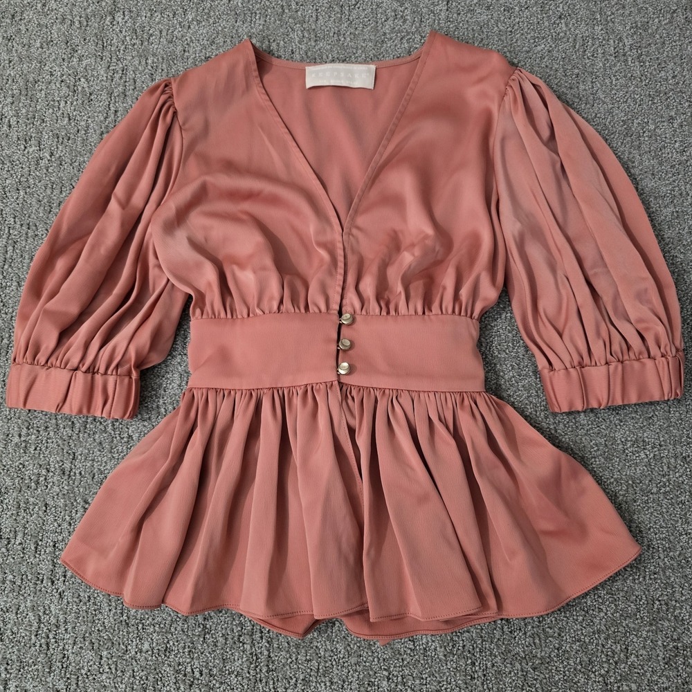Keepsake Dusty Rose Tie Back Peplum Top Womens XXS Puff Sleeve Plunge V Neck